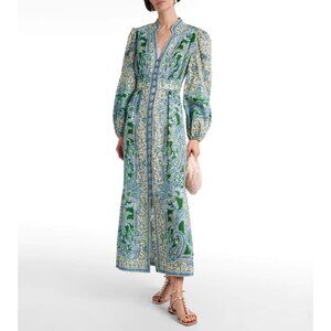 Zimmermann Ottie Linen Plunge Midi Dress in Green Paisley